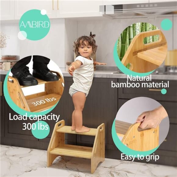 Wooden Step Stool, Two Step Stools Toddler 300 lbs Capacity with Safety Non-Slip - Picture 2 of 7